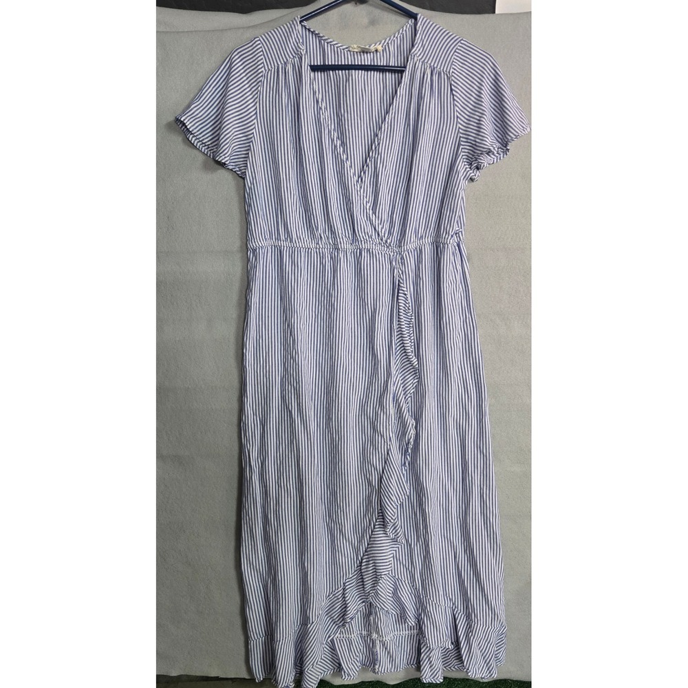 Love Delirious Maternity Blue White Striped Wrap Midi Dress Ruffle Hem XL